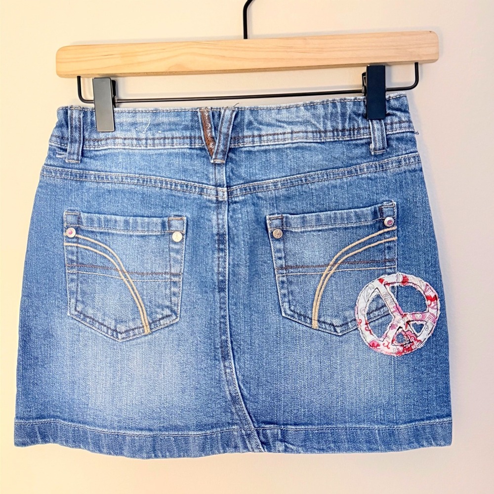 Vintage Y2K Denim Mini Skirt Peace Sign Embellished Pink Jewels All Girl SZ XS - Picture 1 of 8